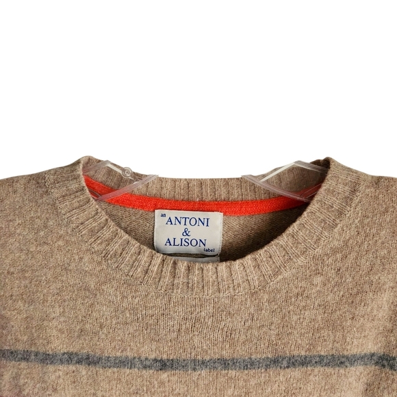 Antoni & Alison Merino Wool Sweater Women M/L Beige Striped Bird Knit Pullover - Picture 4 of 8